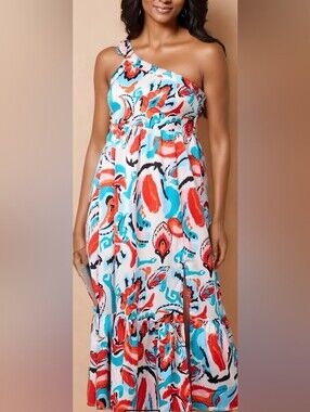 TCEC One-Shoulder Coral & Aqua Print Maxi Dress Size Small